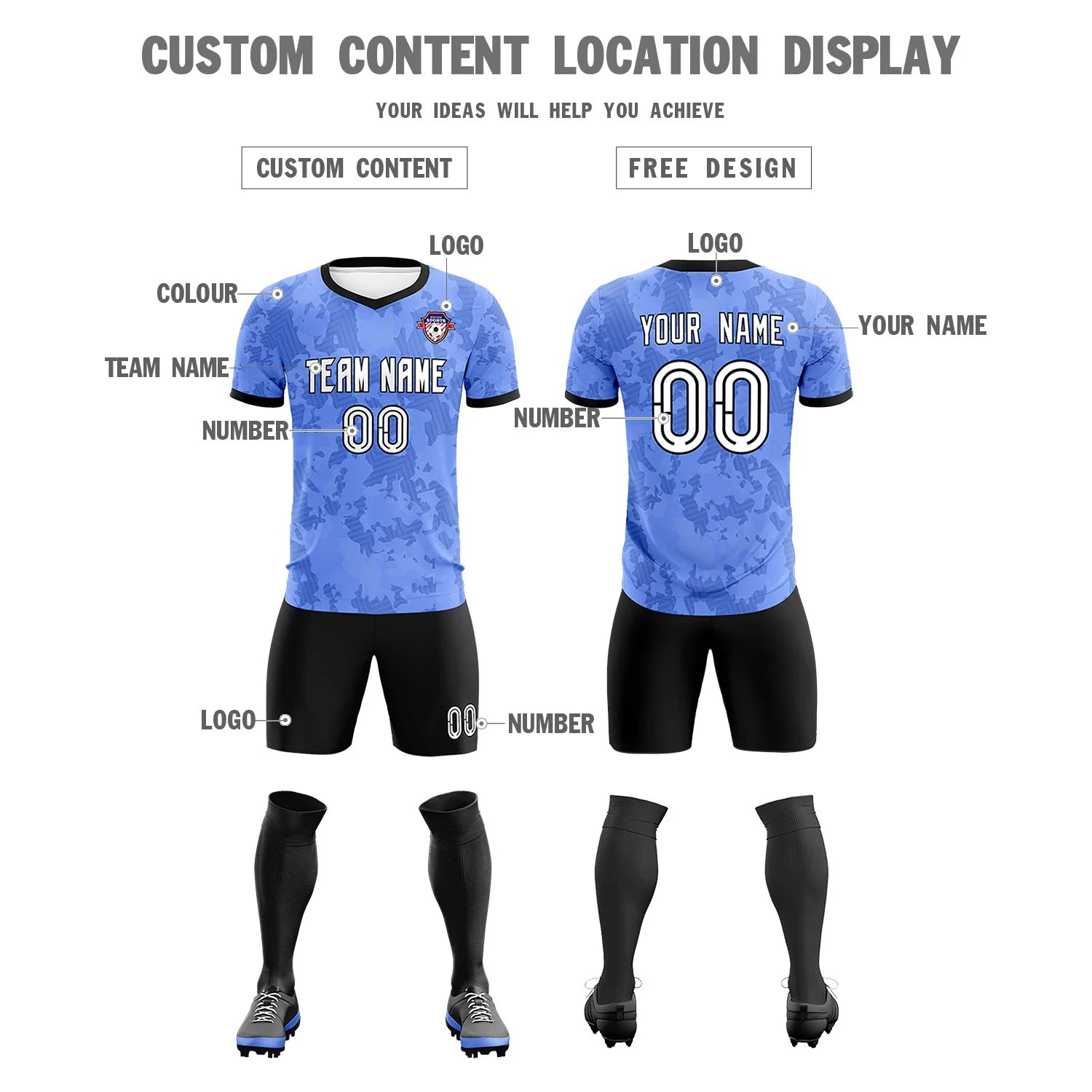 Custom Light Blue-Black Printing Outdoor Breathable Soccer Sets Jersey