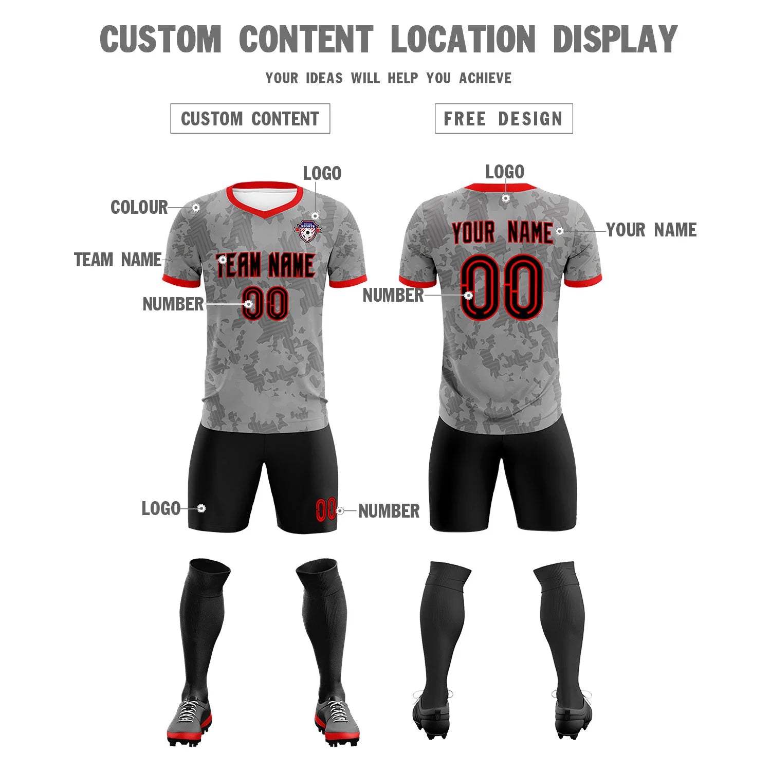 Custom Gray-Black Printing Outdoor Breathable Soccer Sets Jersey