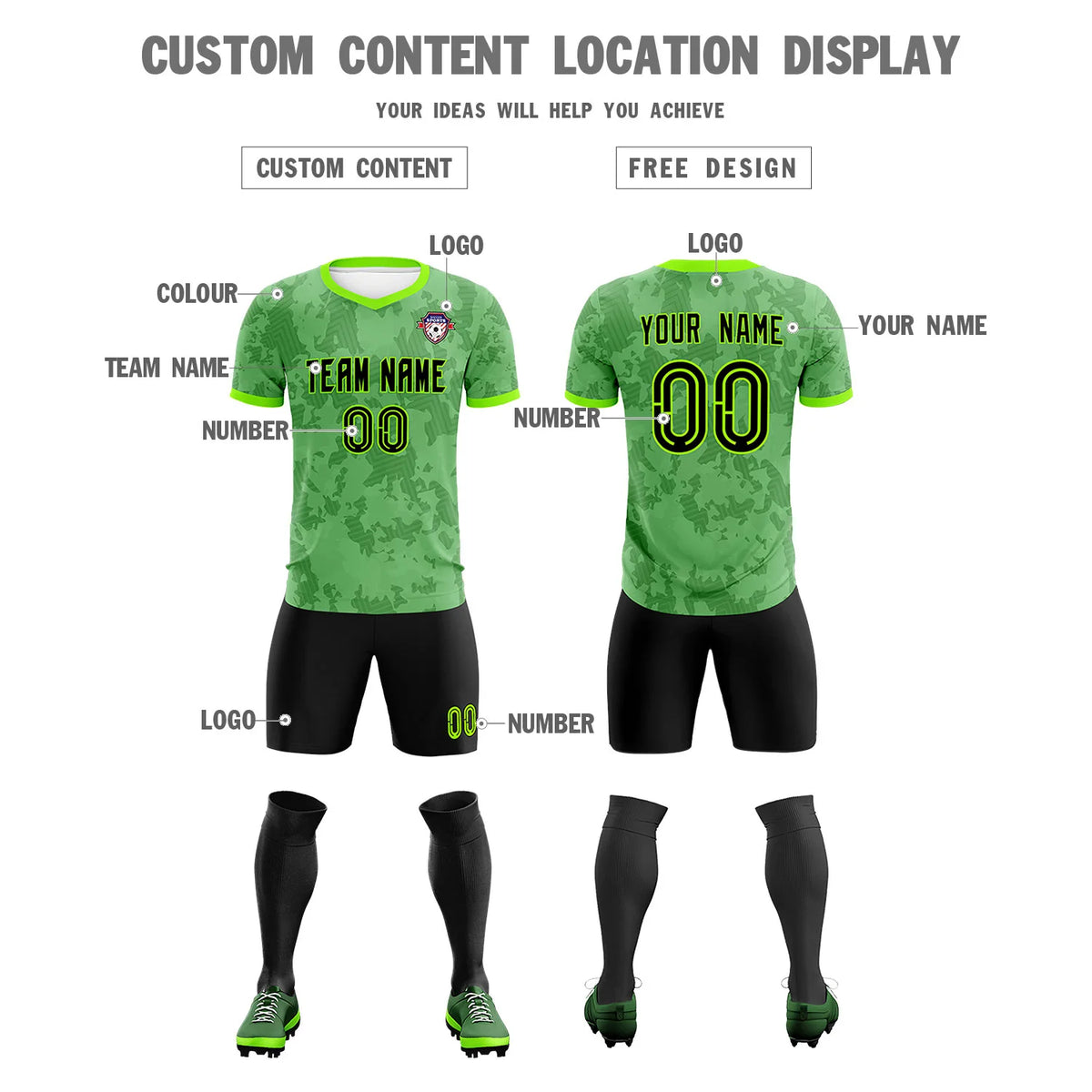 Custom Neon Green-Black Printing Outdoor Breathable Soccer Sets Jersey