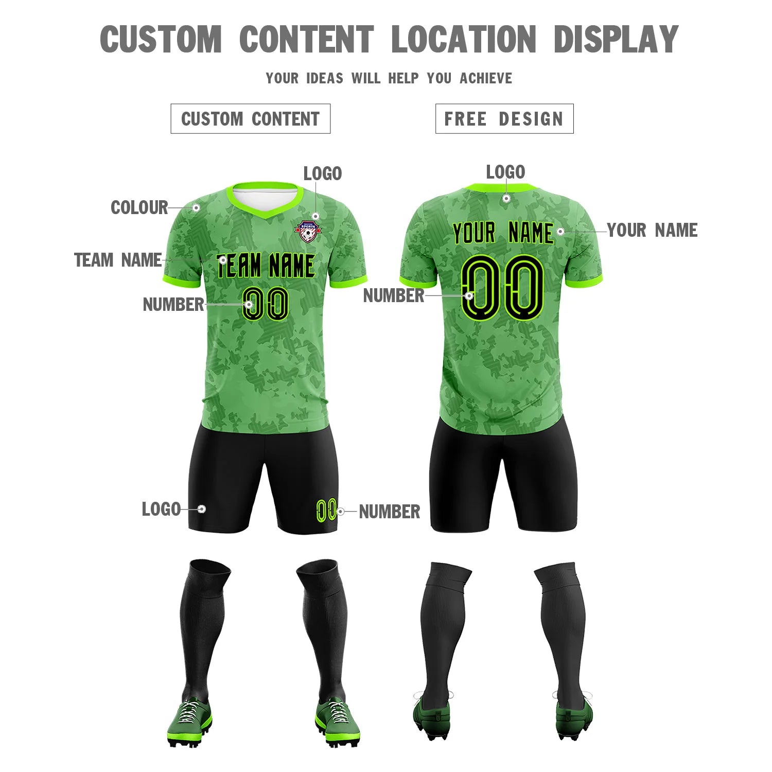 Custom Neon Green-Black Printing Outdoor Breathable Soccer Sets Jersey