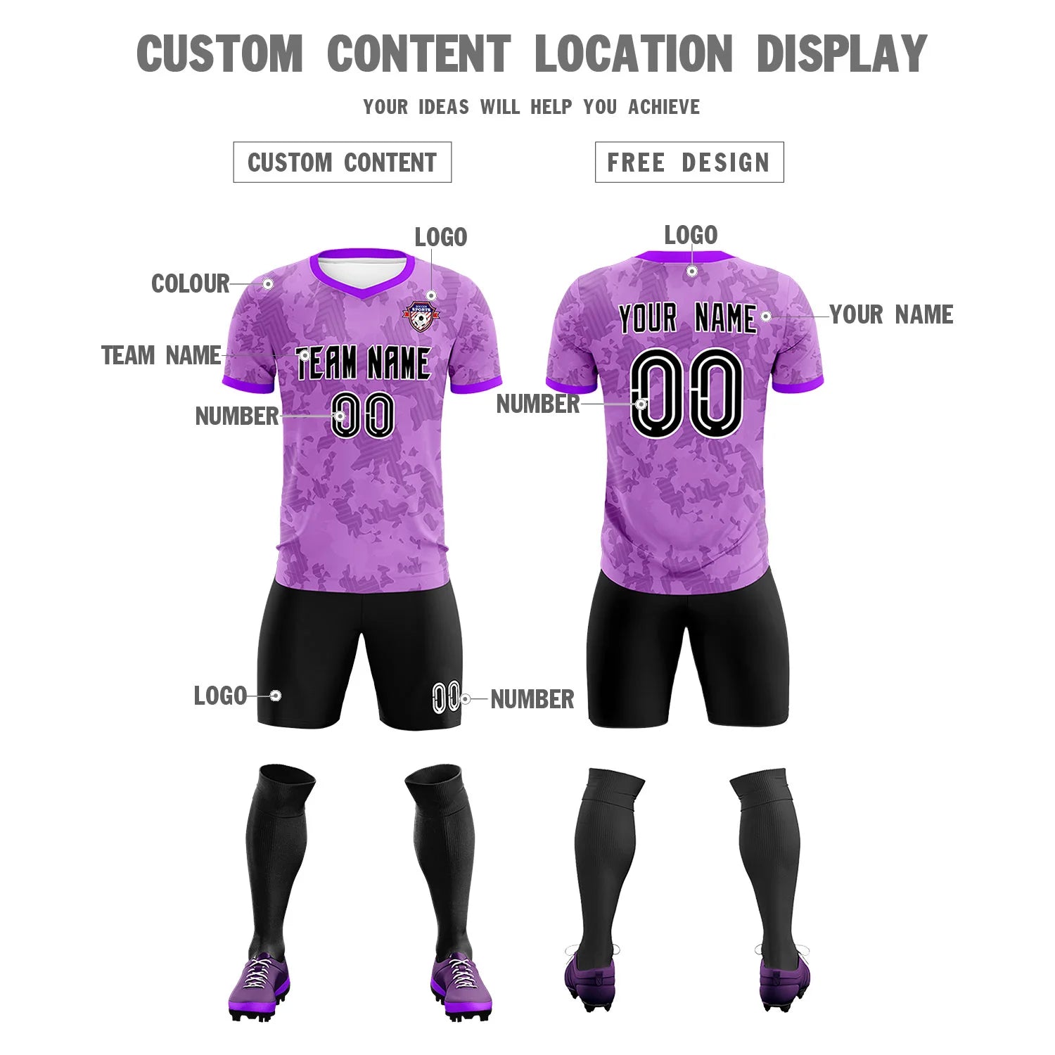 Custom Light Purple-Black Printing Outdoor Breathable Soccer Sets Jersey