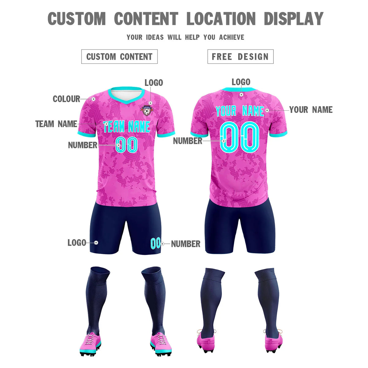 Custom Pink-Navy Printing Outdoor Breathable Soccer Sets Jersey