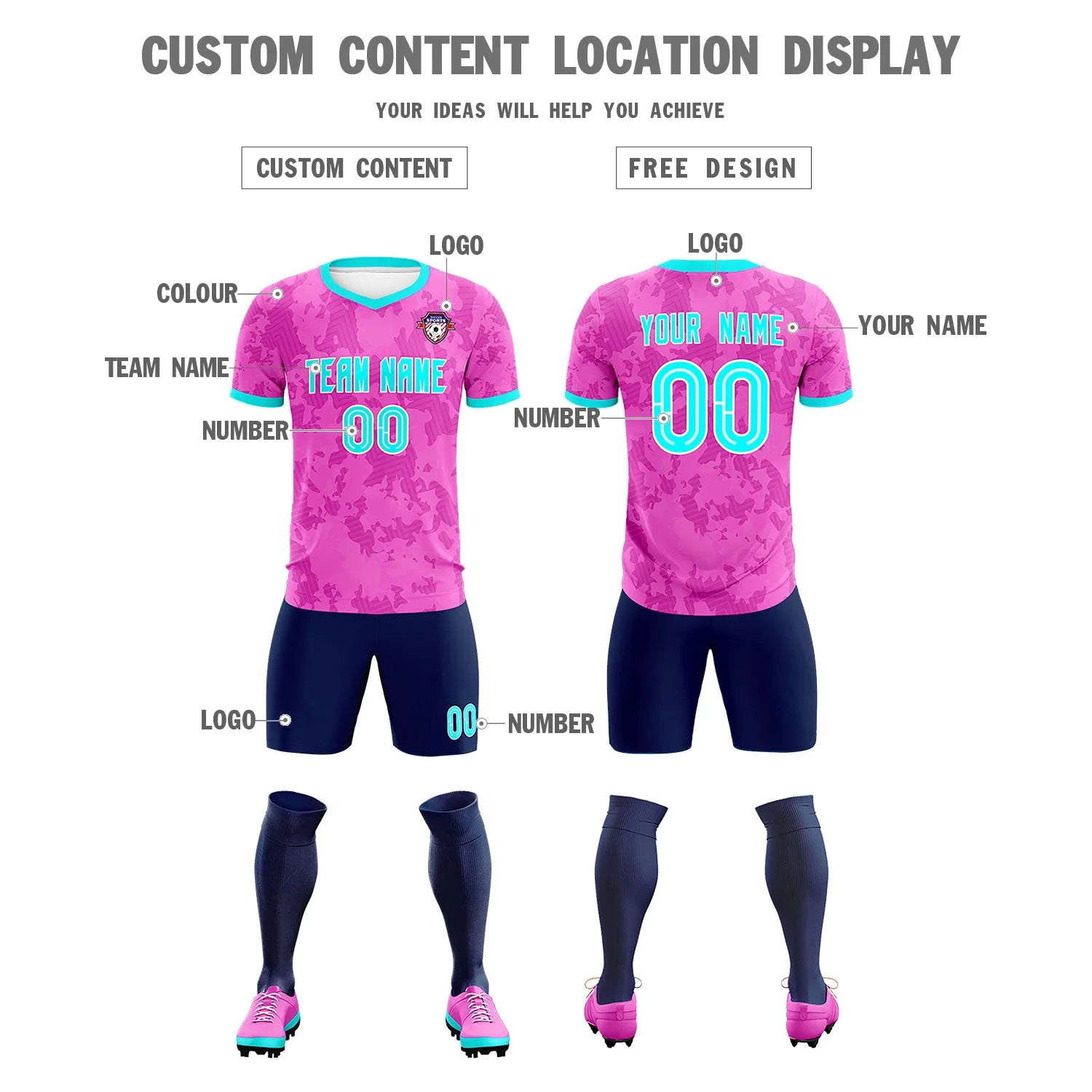 Custom Pink-Navy Printing Outdoor Breathable Soccer Sets Jersey