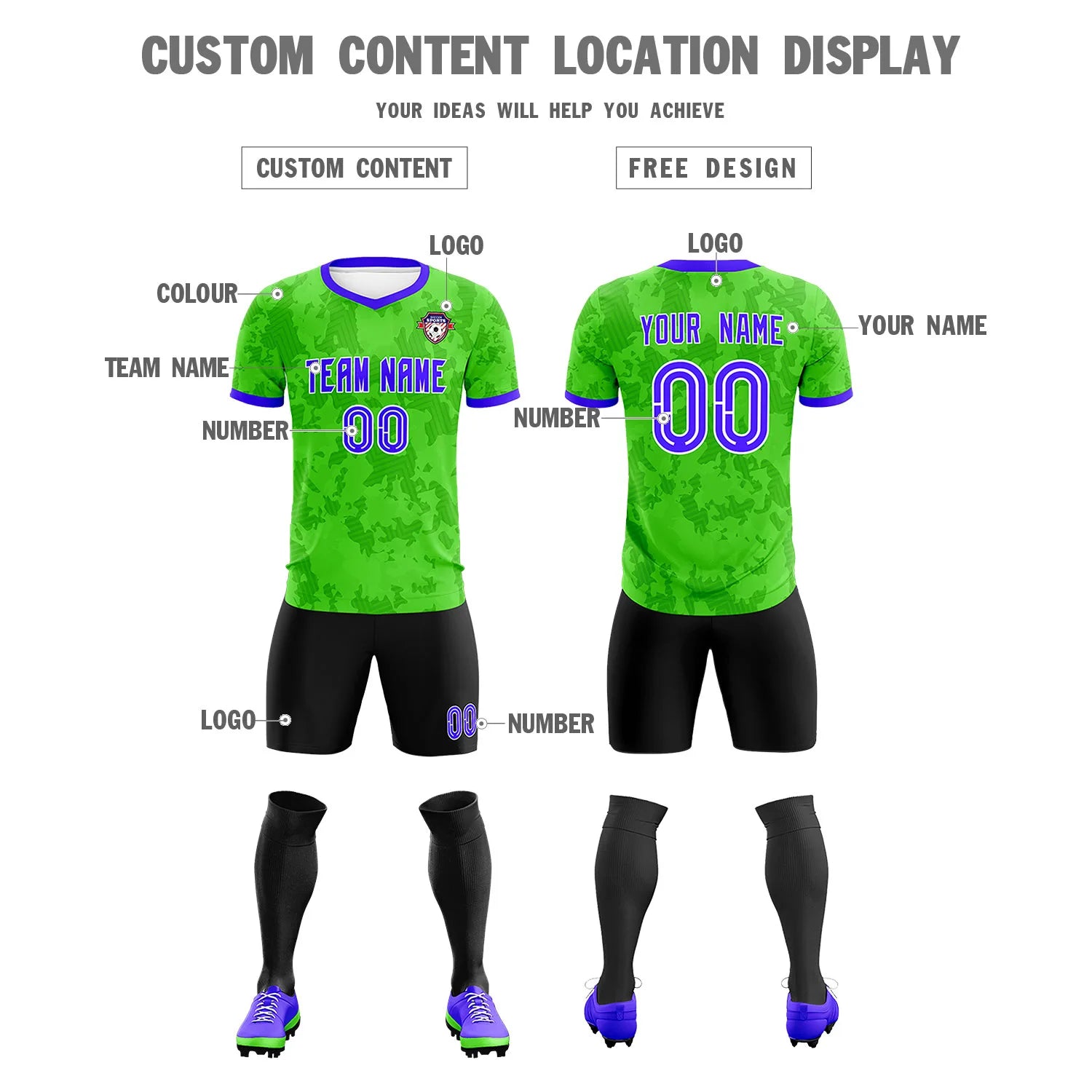 Custom Fluorescent Green-Black Printing Outdoor Breathable Soccer Sets Jersey