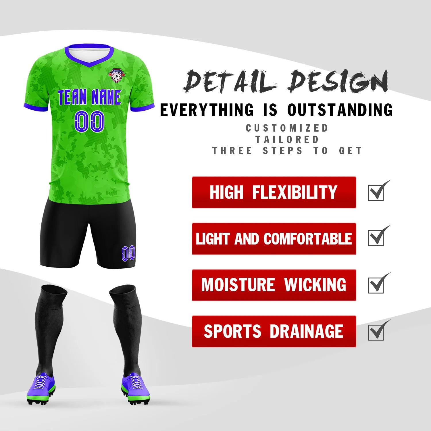 Custom Fluorescent Green-Black Printing Outdoor Breathable Soccer Sets Jersey