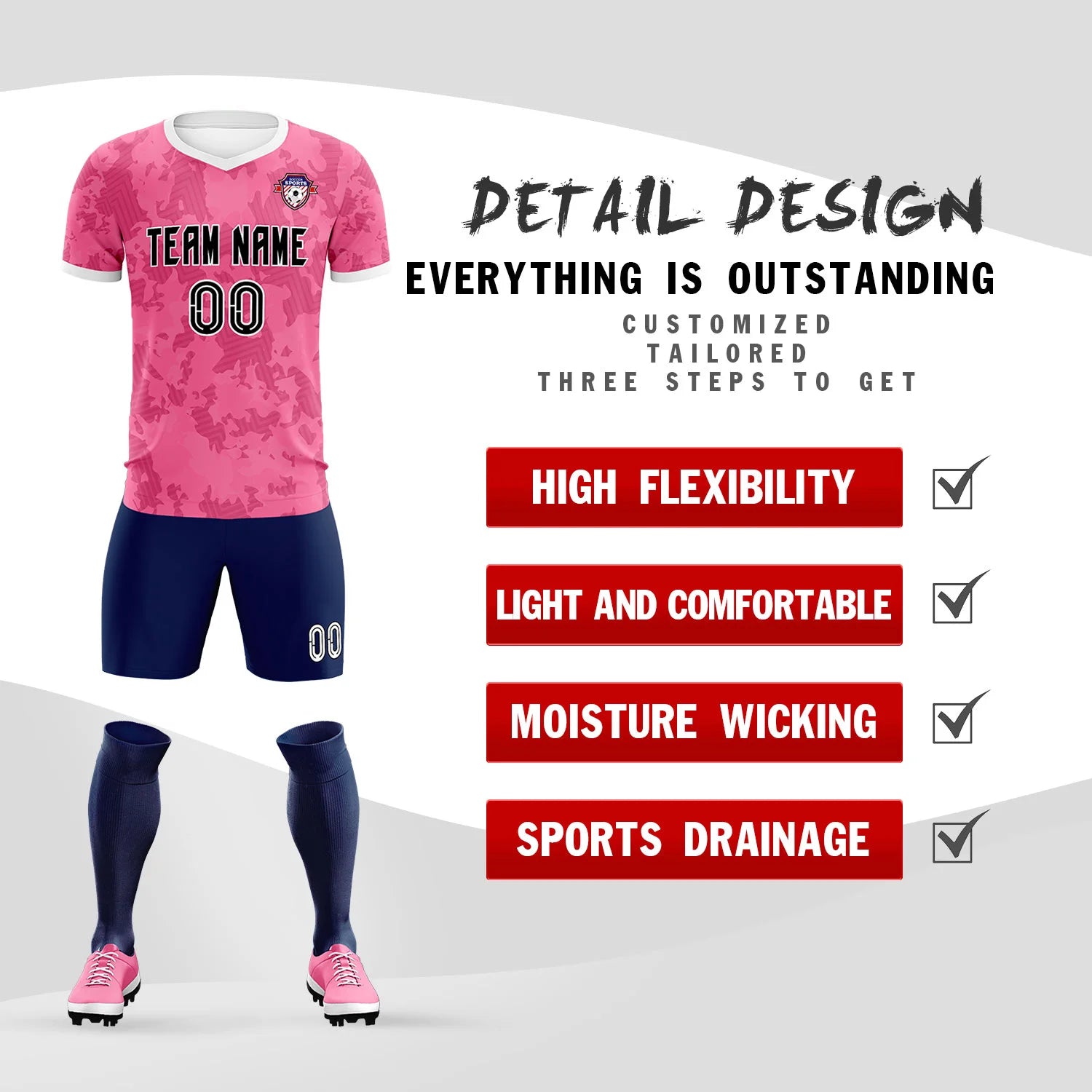 Custom Pink-Navy Printing Outdoor Breathable Soccer Sets Jersey