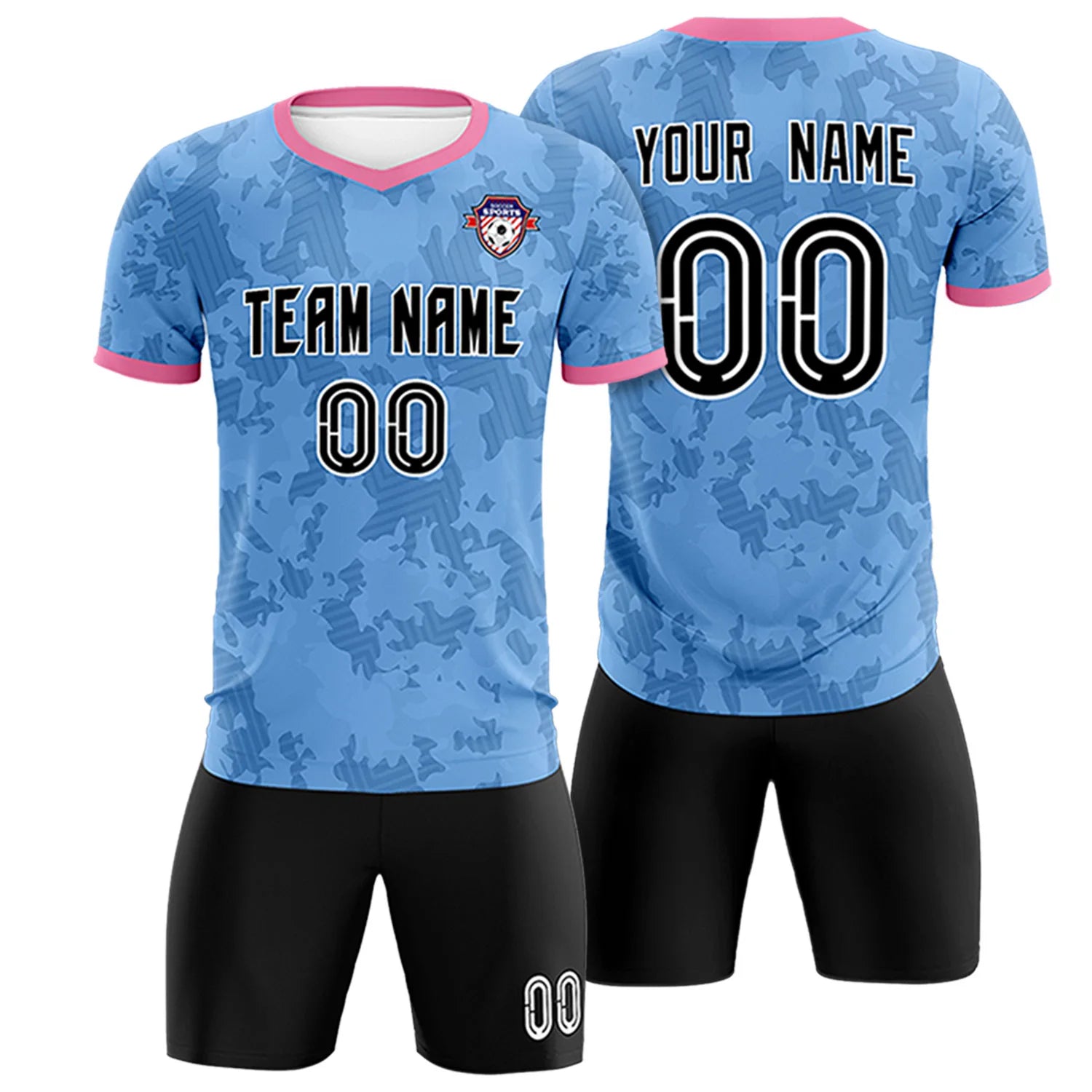 Custom Light Blue-Black Printing Outdoor Breathable Soccer Sets Jersey