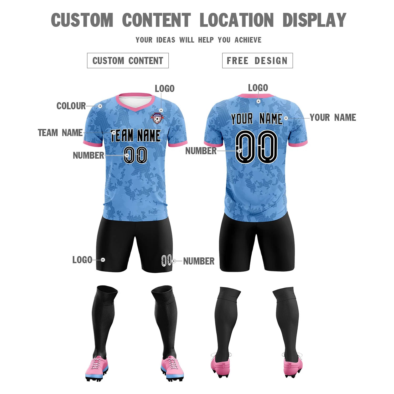 Custom Light Blue-Black Printing Outdoor Breathable Soccer Sets Jersey