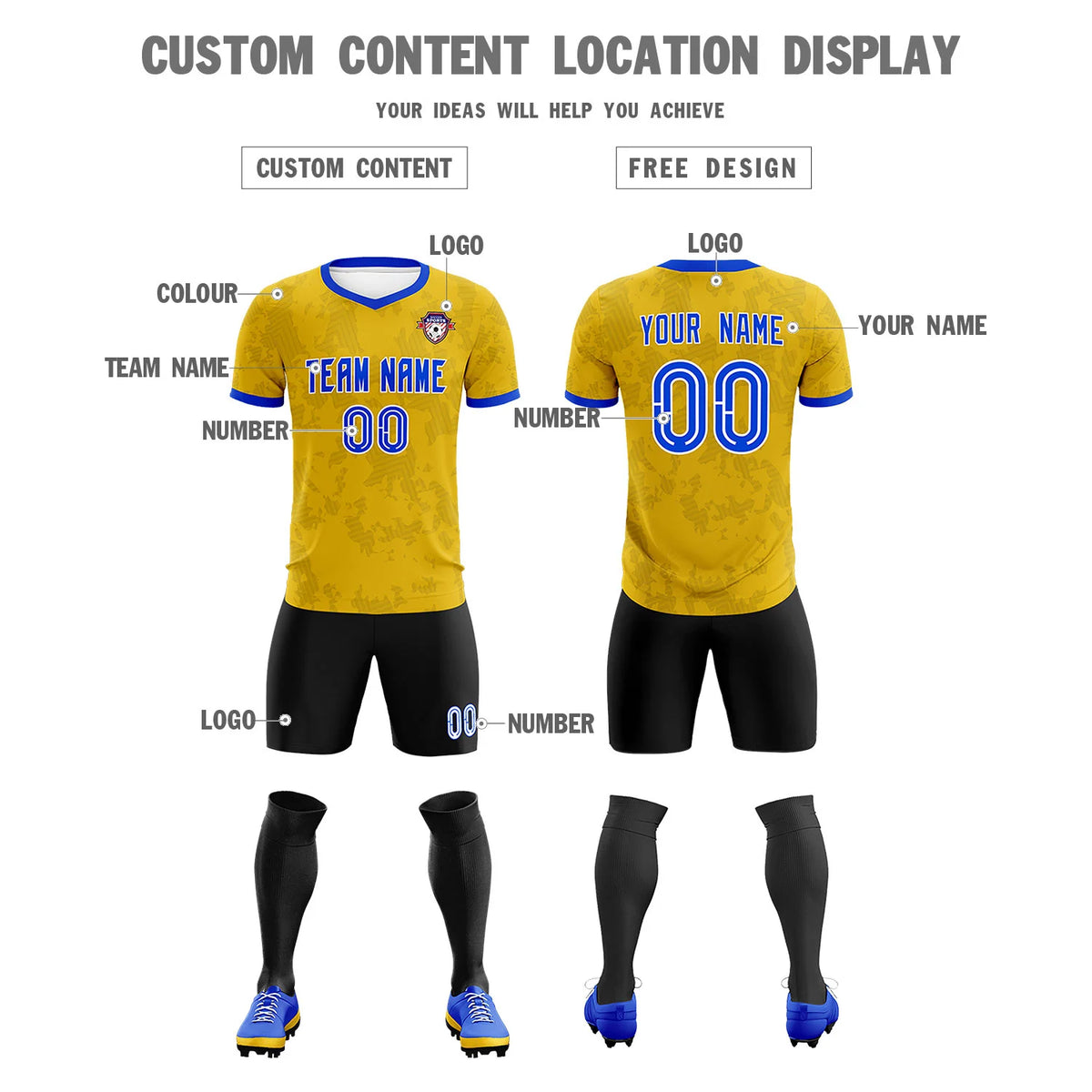 Custom Yellow-Black Printing Outdoor Breathable Soccer Sets Jersey