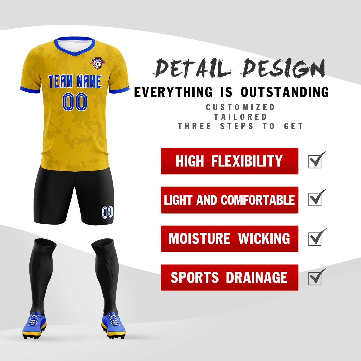 Custom Yellow-Black Printing Outdoor Breathable Soccer Sets Jersey