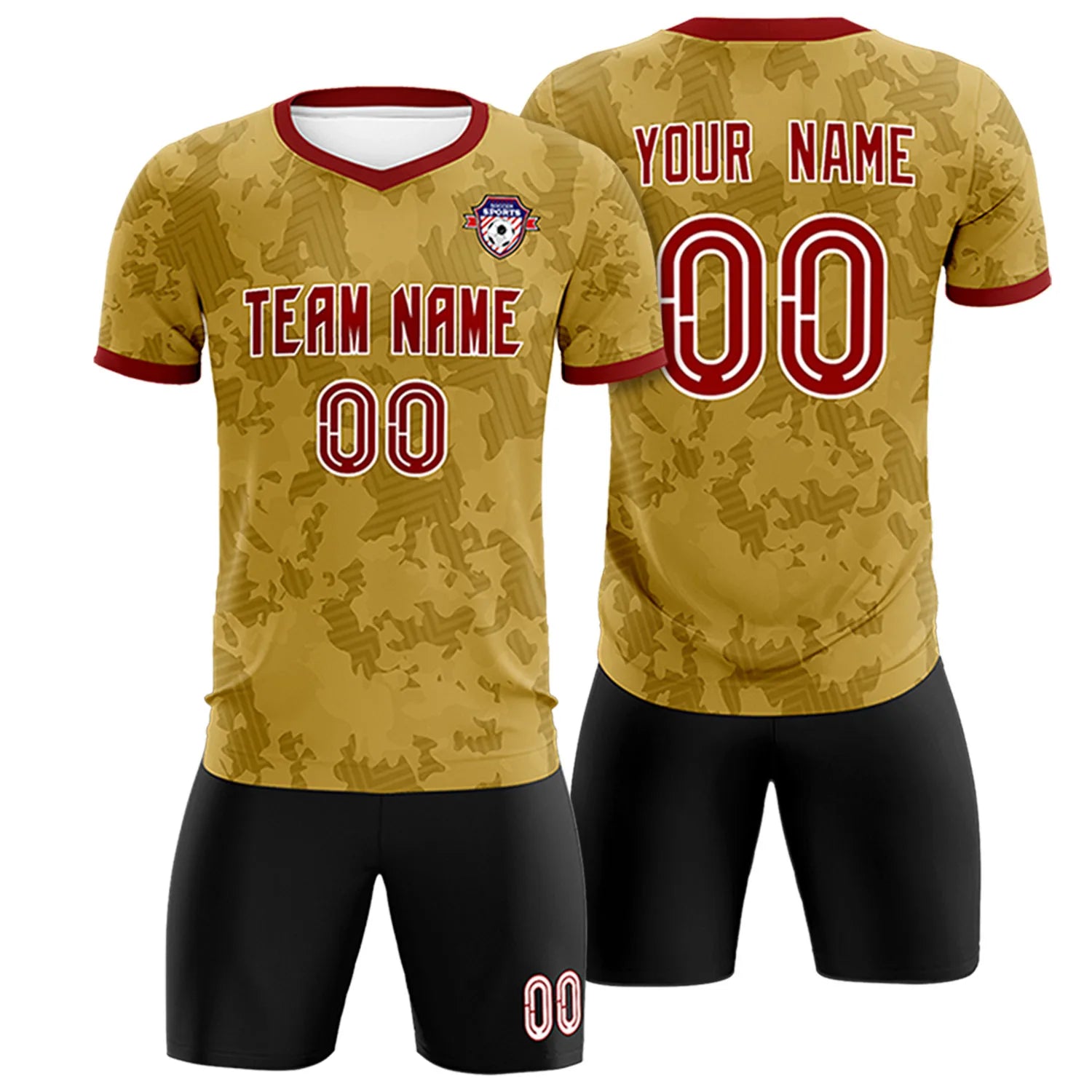 Custom Old Gold-Black Printing Outdoor Breathable Soccer Sets Jersey