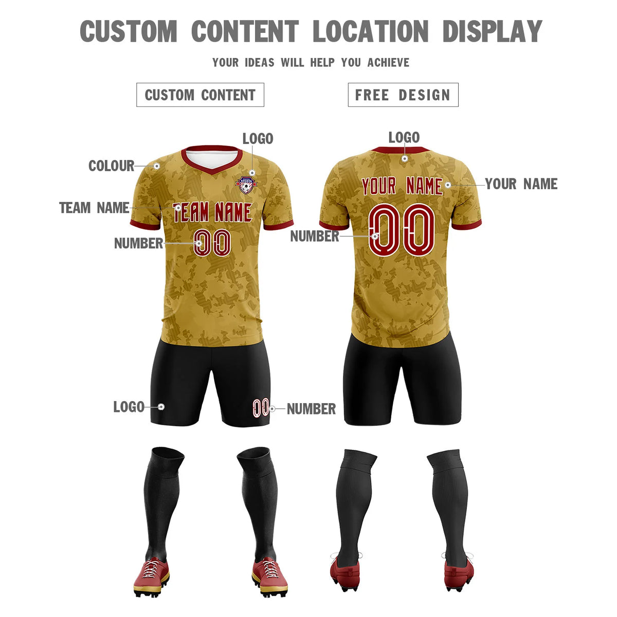 Custom Old Gold-Black Printing Outdoor Breathable Soccer Sets Jersey
