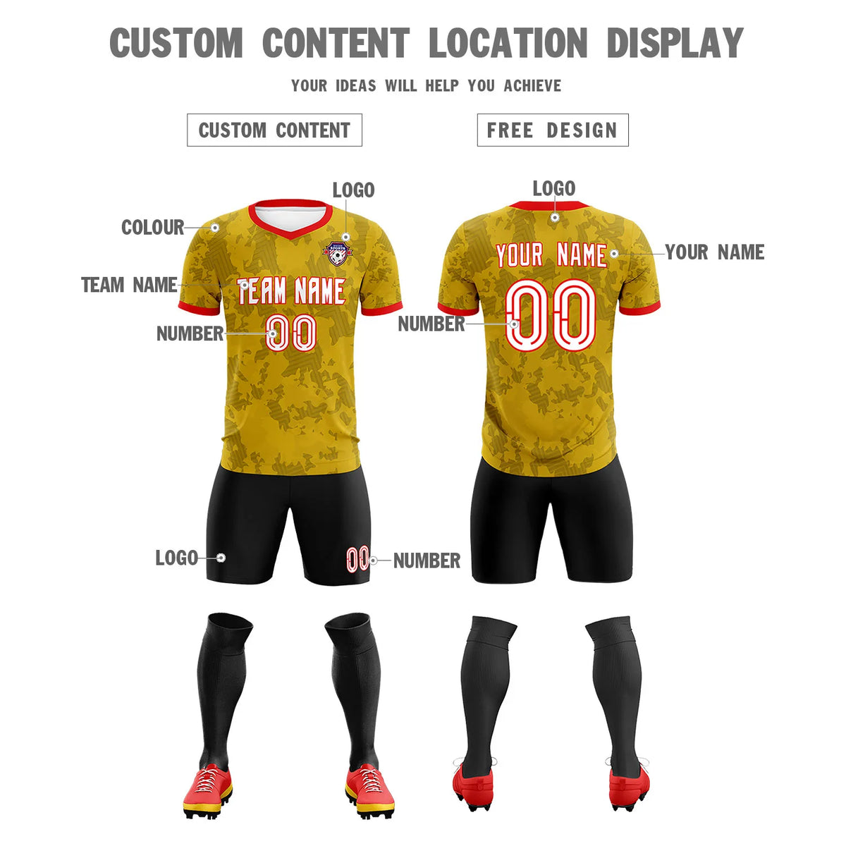 Custom Old Gold-Black Printing Outdoor Breathable Soccer Sets Jersey
