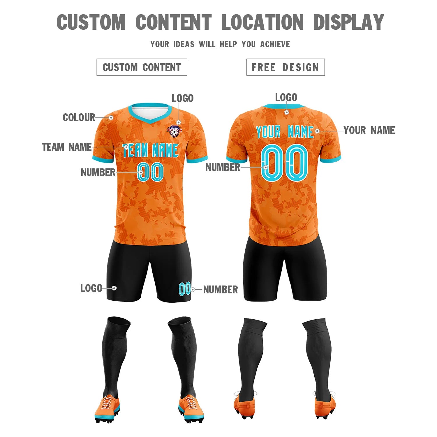 Custom Orange-Black Printing Outdoor Breathable Soccer Sets Jersey