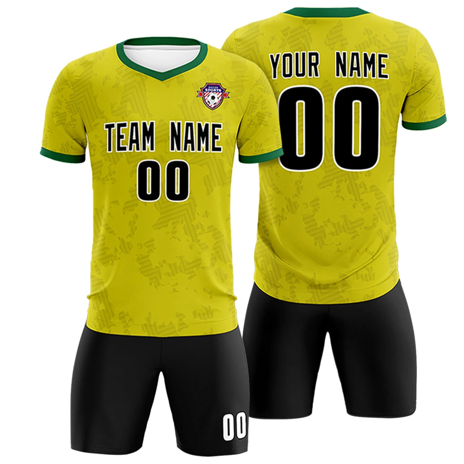 Custom Lemon Yellow-Black Printing Outdoor Breathable Soccer Sets Jersey