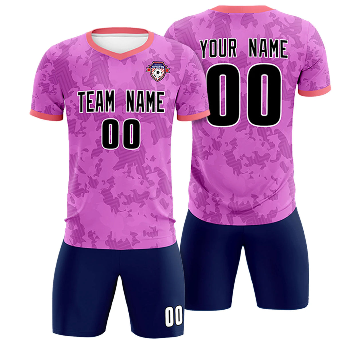 Custom Pink-Navy Printing Outdoor Breathable Soccer Sets Jersey