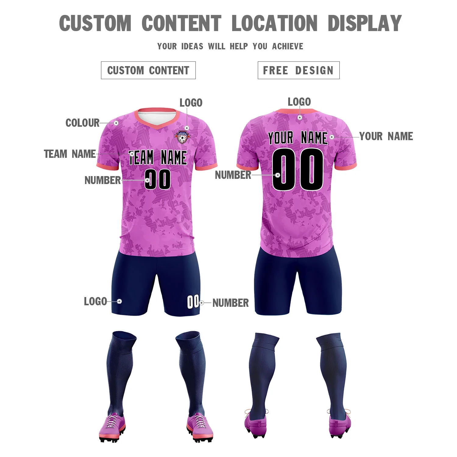 Custom Pink-Navy Printing Outdoor Breathable Soccer Sets Jersey