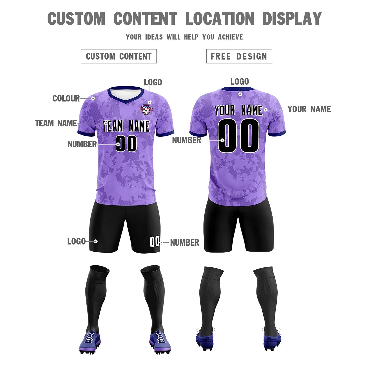 Custom Light Purple-Black Printing Outdoor Breathable Soccer Sets Jersey