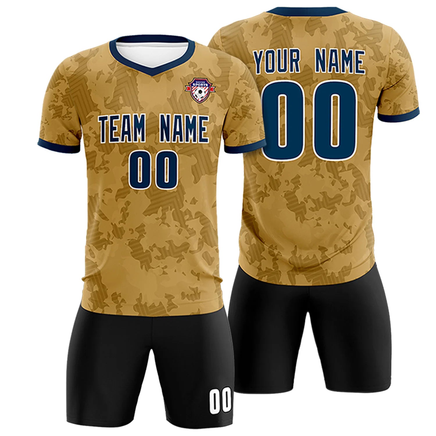 Custom Old Gold-Black Printing Outdoor Breathable Soccer Sets Jersey