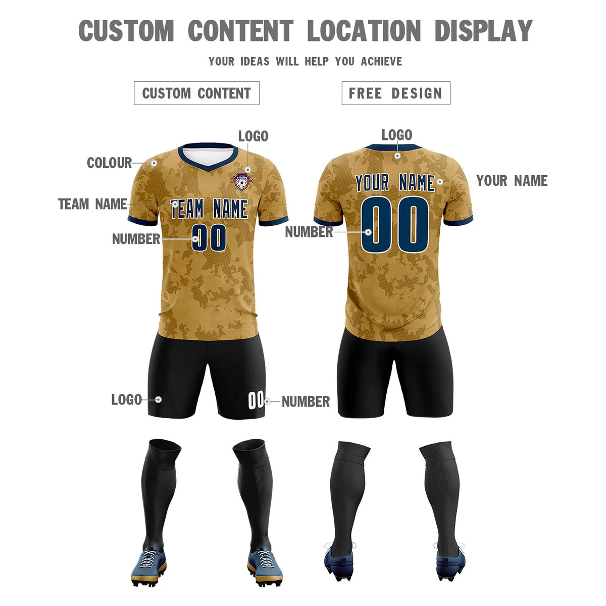 Custom Old Gold-Black Printing Outdoor Breathable Soccer Sets Jersey