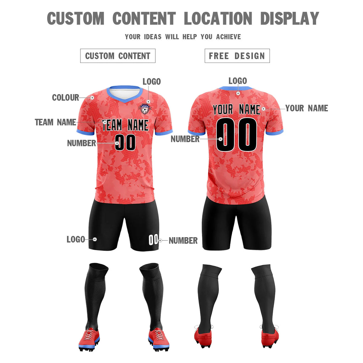 Custom Light Red-Black Printing Outdoor Breathable Soccer Sets Jersey