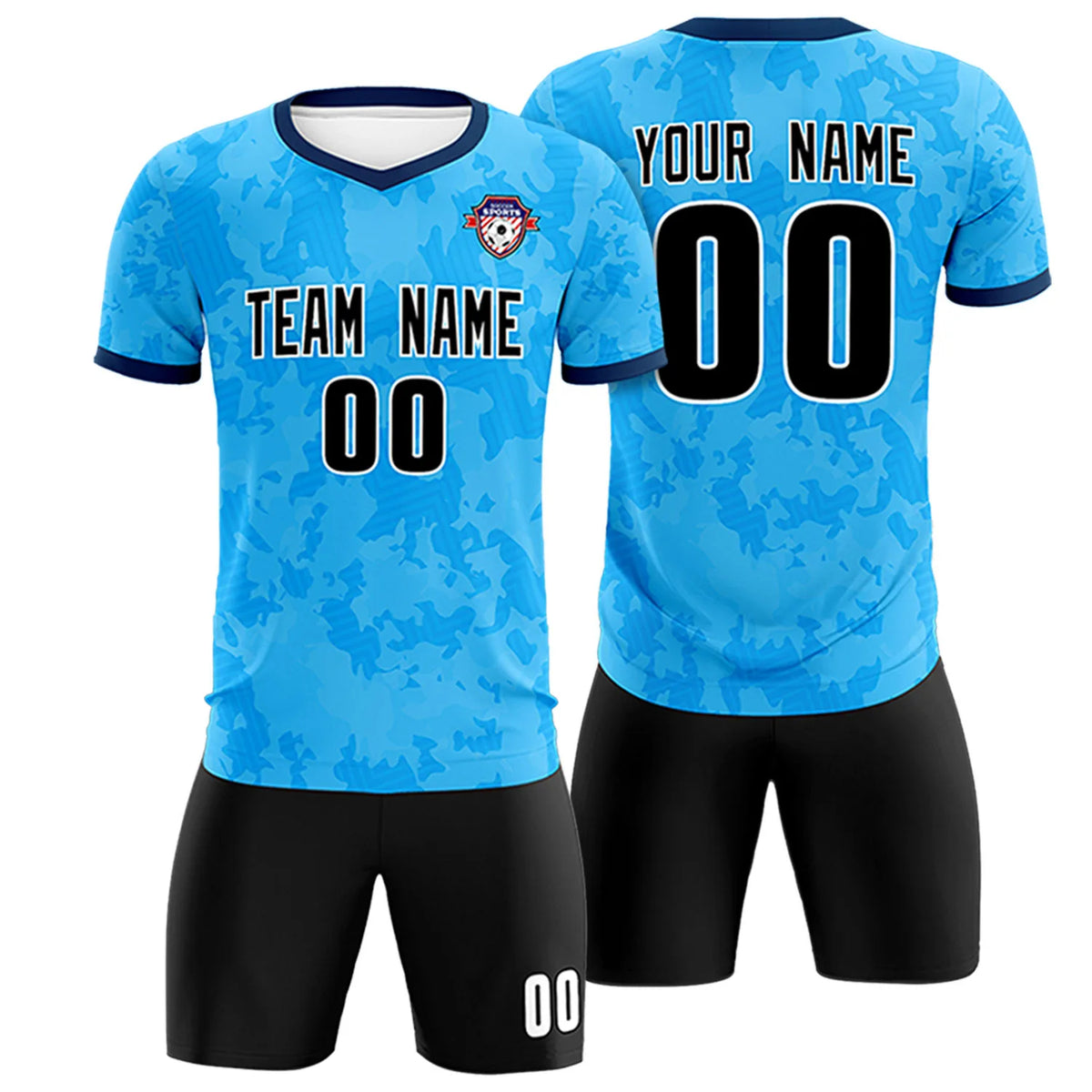 Custom Sky Blue-Black Printing Outdoor Breathable Soccer Sets Jersey
