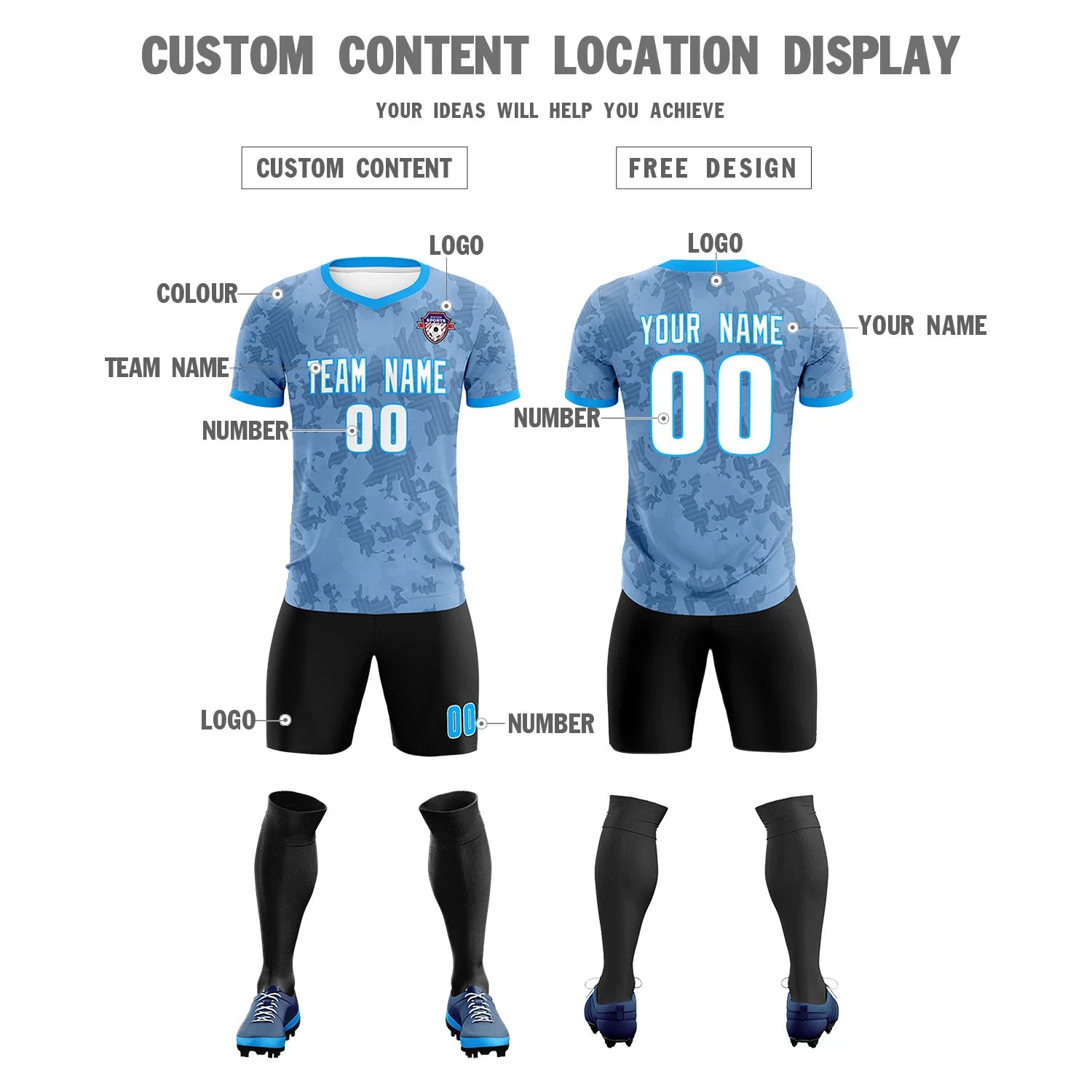 Custom Blue-Black Printing Outdoor Breathable Soccer Sets Jersey