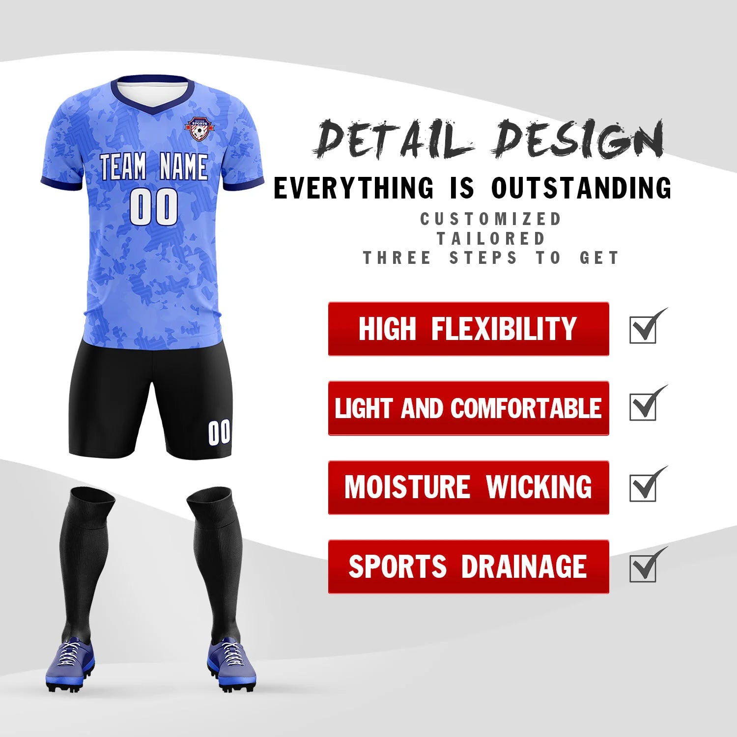 Custom Blue-Black Printing Outdoor Breathable Soccer Sets Jersey