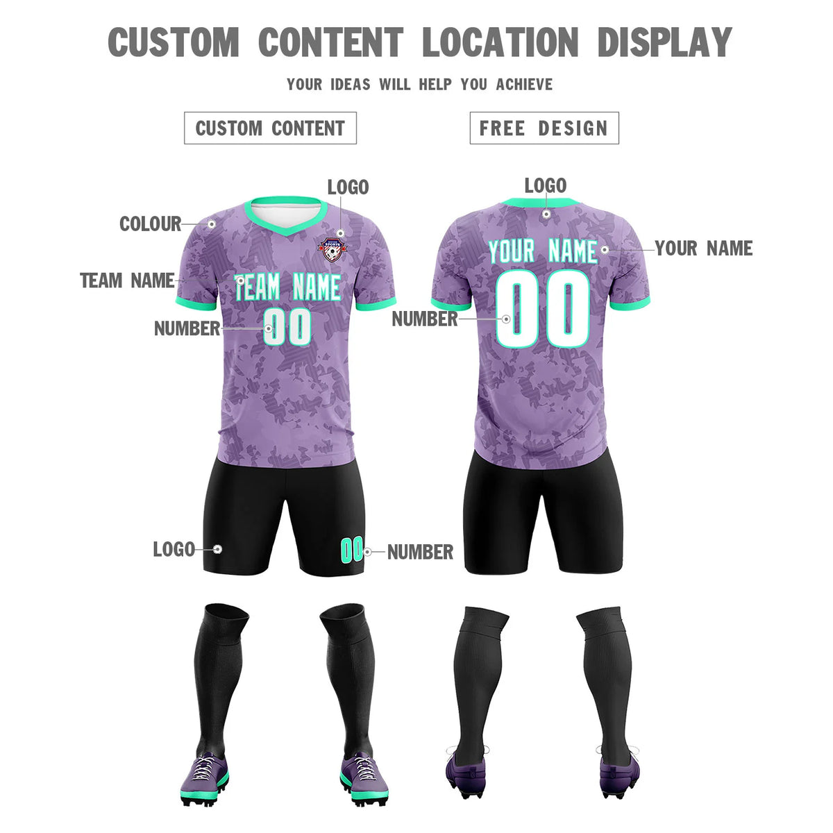 Custom Light Purple-Black Printing Outdoor Breathable Soccer Sets Jersey