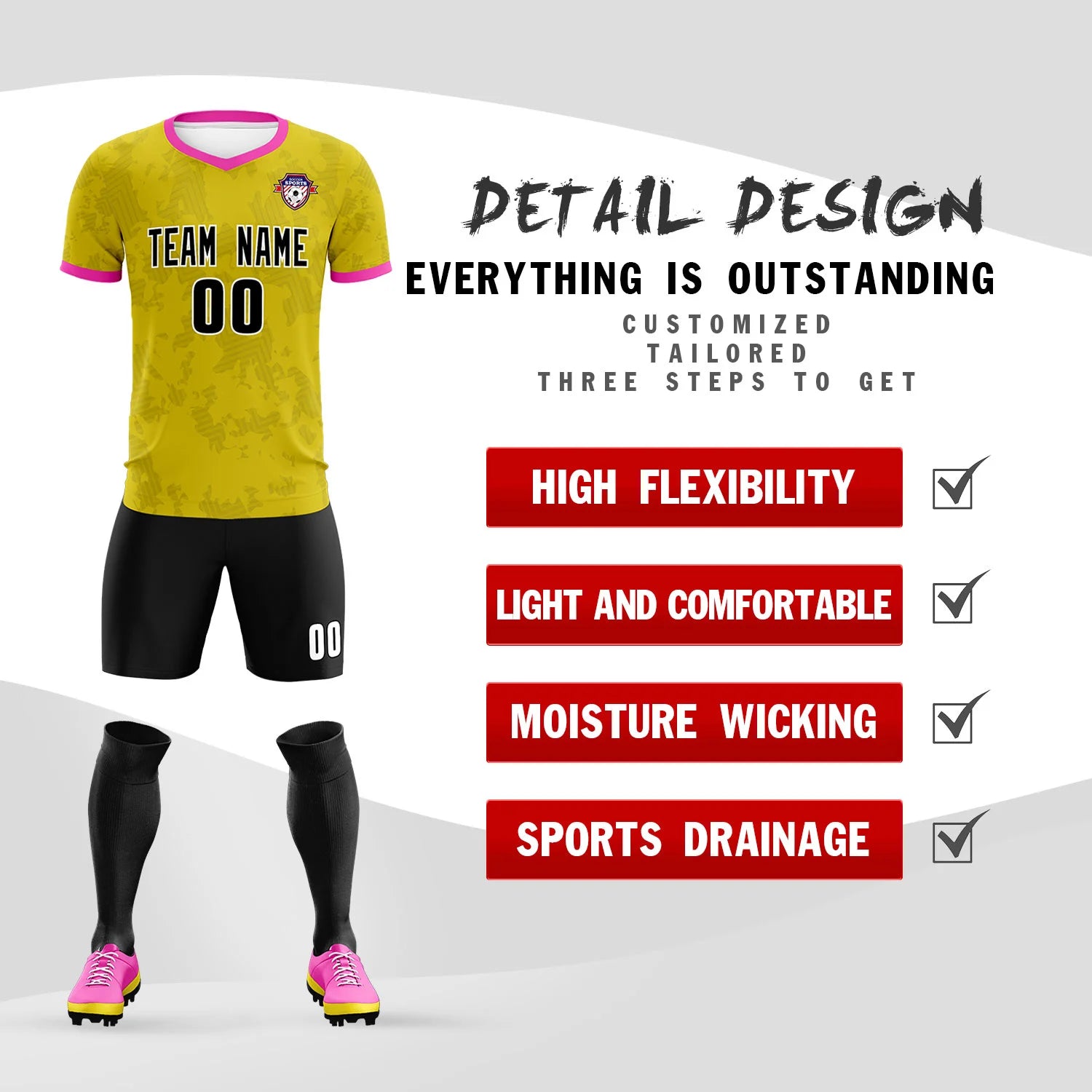 Custom Yellow-Black Printing Outdoor Breathable Soccer Sets Jersey