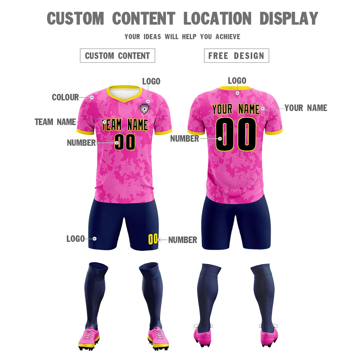 Custom Pink-Navy Printing Outdoor Breathable Soccer Sets Jersey