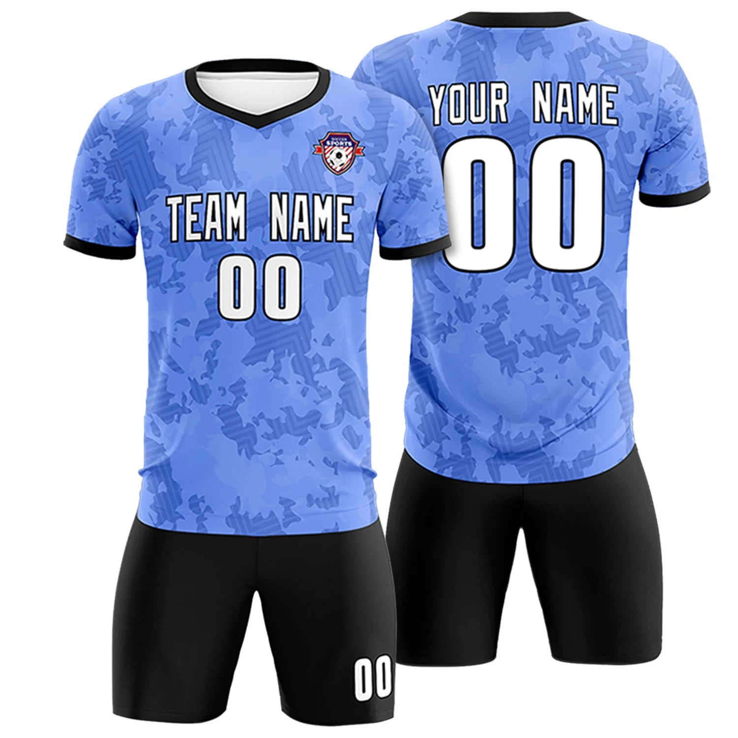 Custom Light Blue-Black Printing Outdoor Breathable Soccer Sets Jersey