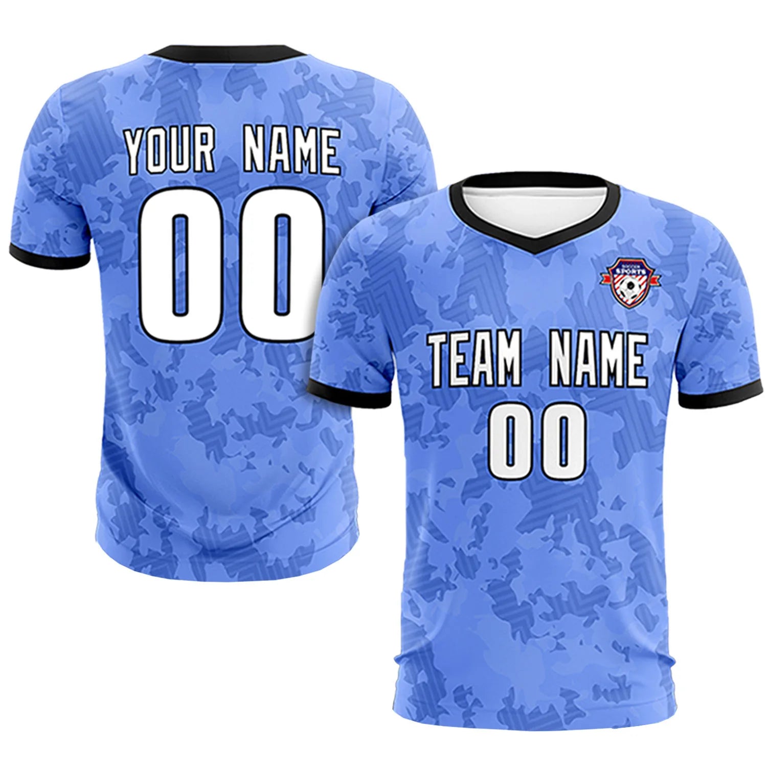 Custom Light Blue-Black Printing Outdoor Breathable Soccer Sets Jersey