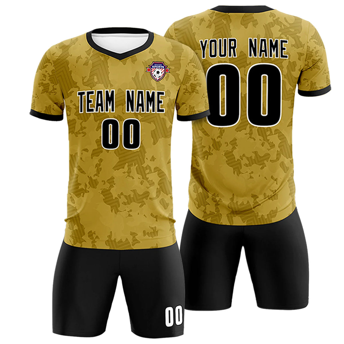 Custom Old Gold-Black Printing Outdoor Breathable Soccer Sets Jersey