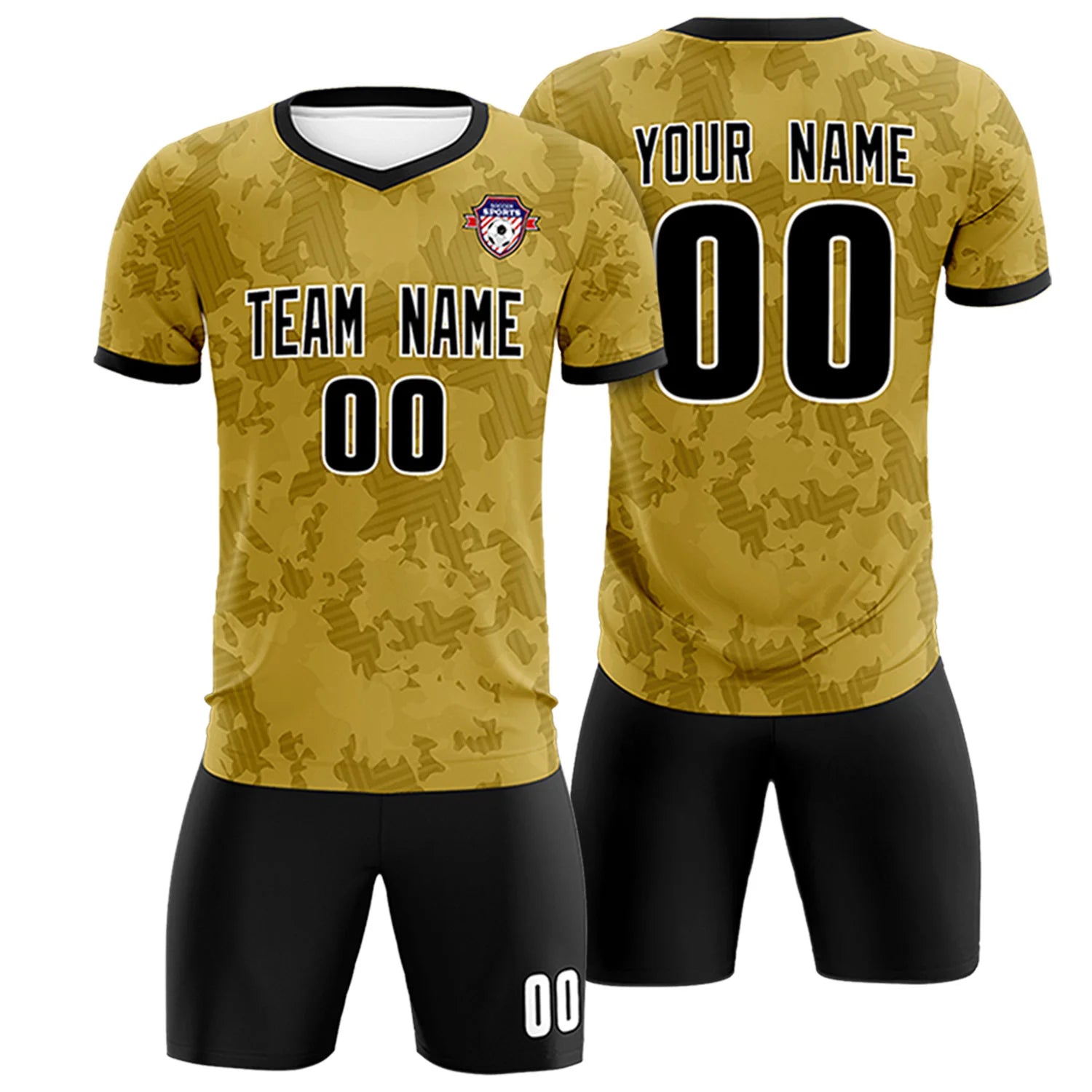 Custom Old Gold-Black Printing Outdoor Breathable Soccer Sets Jersey