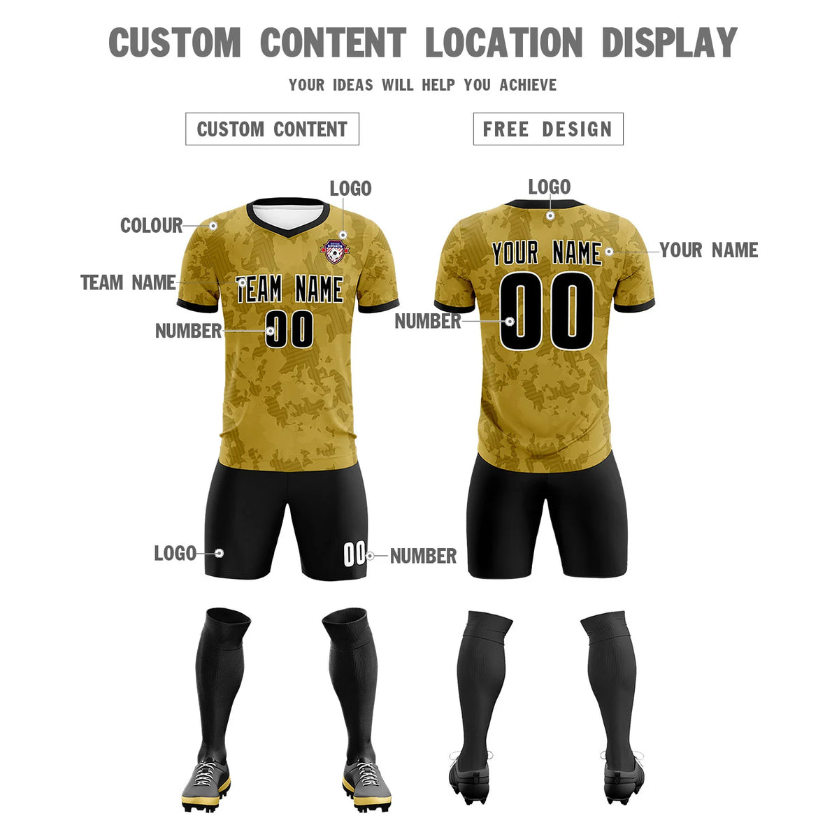 Custom Old Gold-Black Printing Outdoor Breathable Soccer Sets Jersey