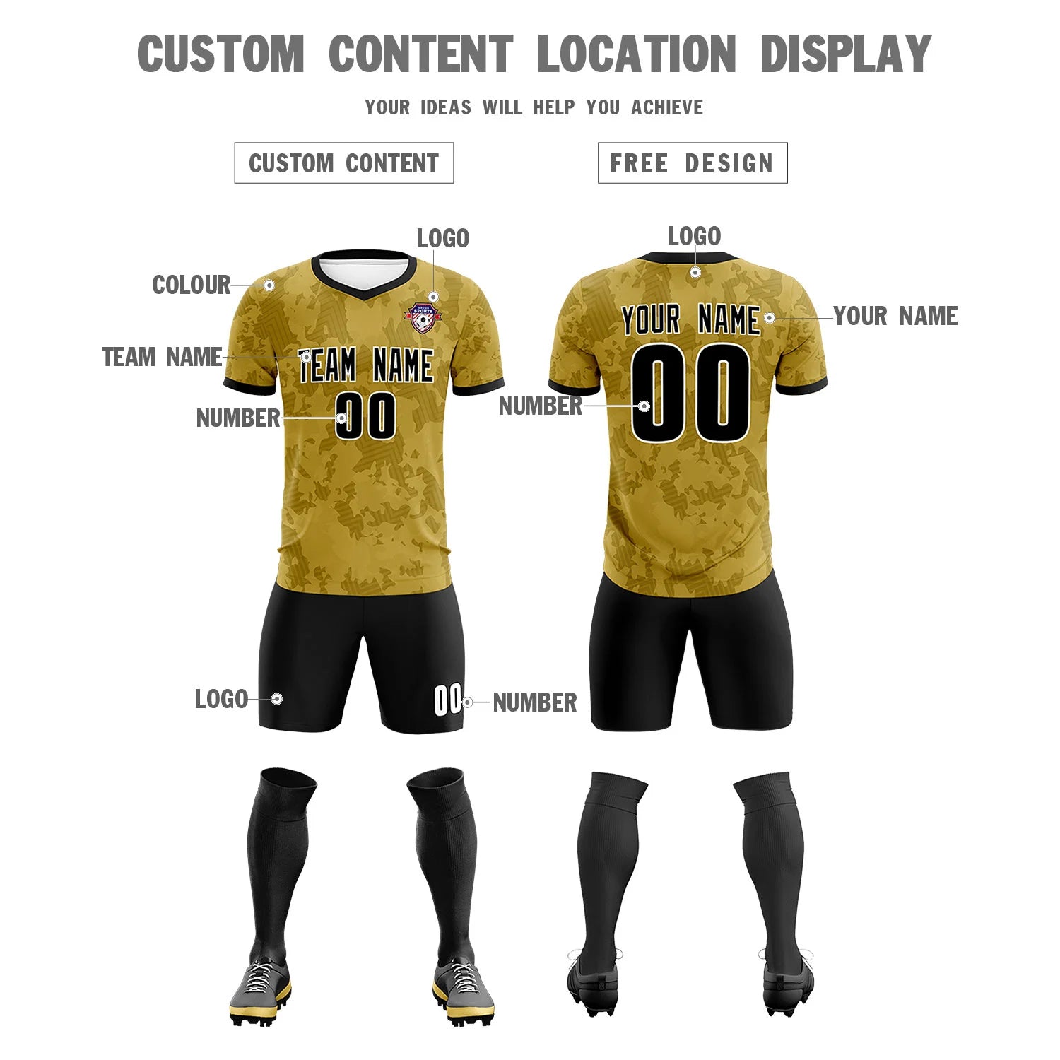 Custom Old Gold-Black Printing Outdoor Breathable Soccer Sets Jersey