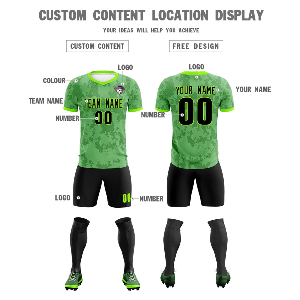 Custom Neon Green-Black Printing Outdoor Breathable Soccer Sets Jersey