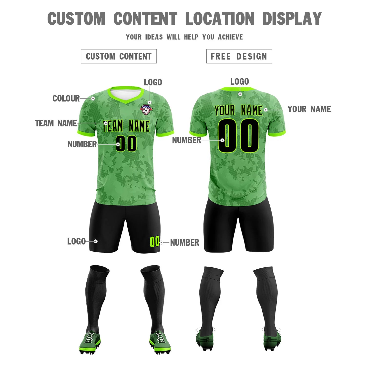Custom Neon Green-Black Printing Outdoor Breathable Soccer Sets Jersey