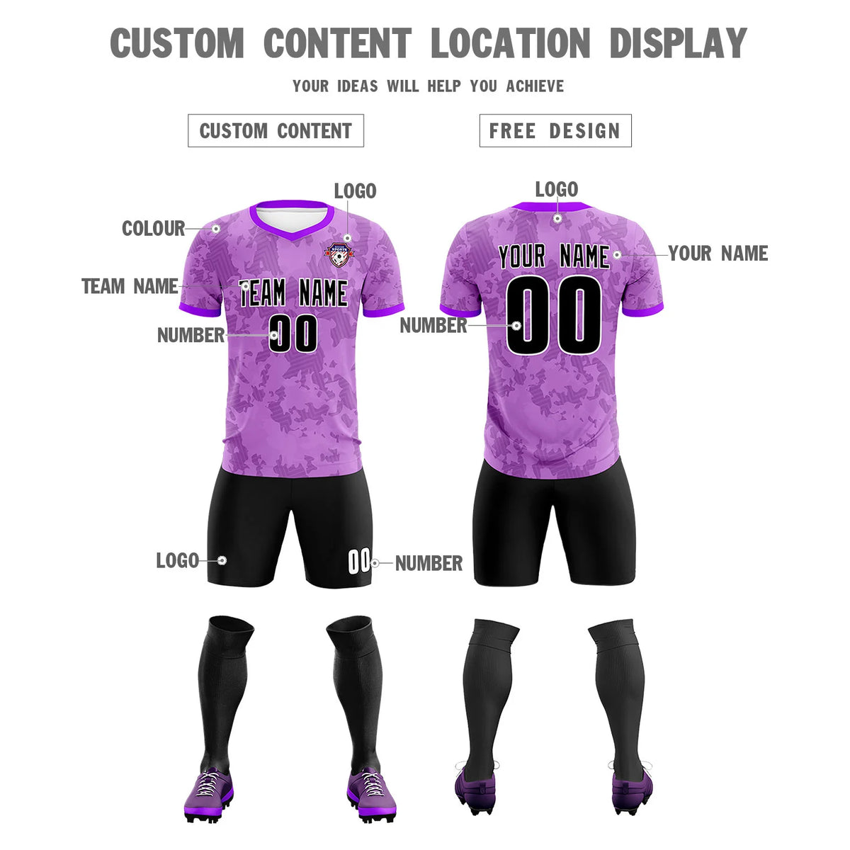 Custom Light Purple-Black Printing Outdoor Breathable Soccer Sets Jersey