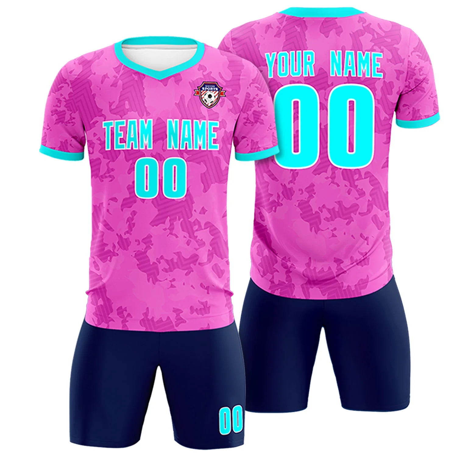 Custom Pink-Navy Printing Outdoor Breathable Soccer Sets Jersey