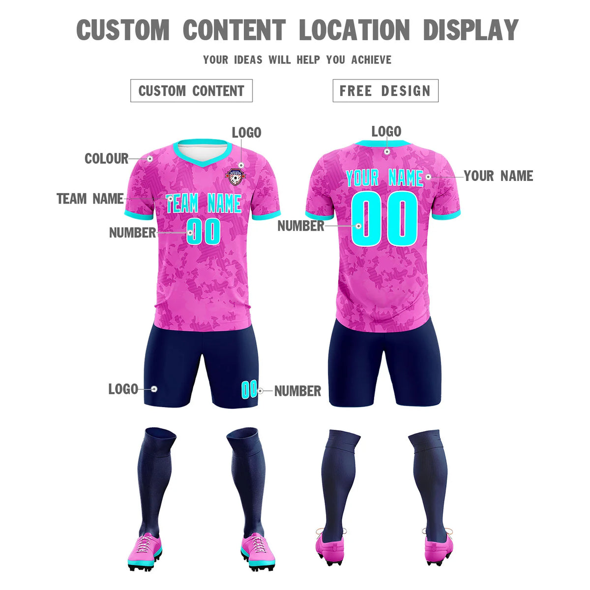 Custom Pink-Navy Printing Outdoor Breathable Soccer Sets Jersey
