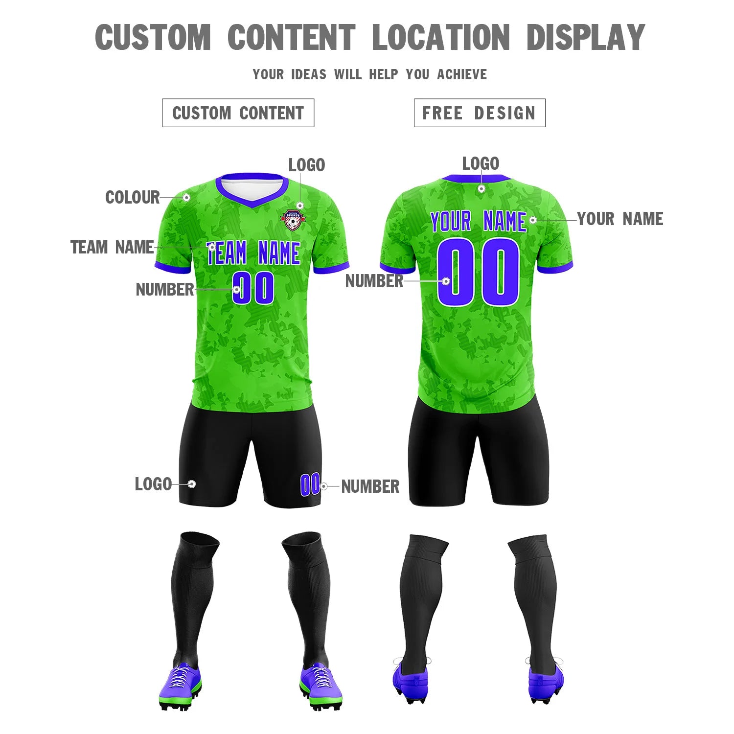 Custom Fluorescent Green-Black Printing Outdoor Breathable Soccer Sets Jersey