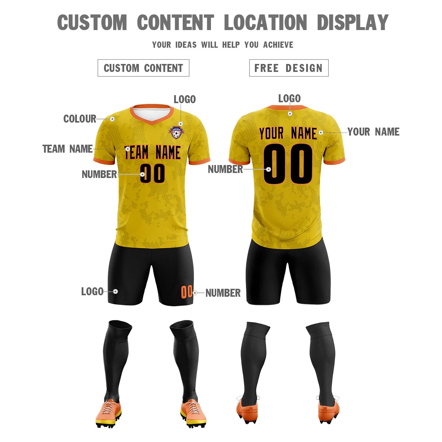 Custom Yellow-Black Printing Outdoor Breathable Soccer Sets Jersey