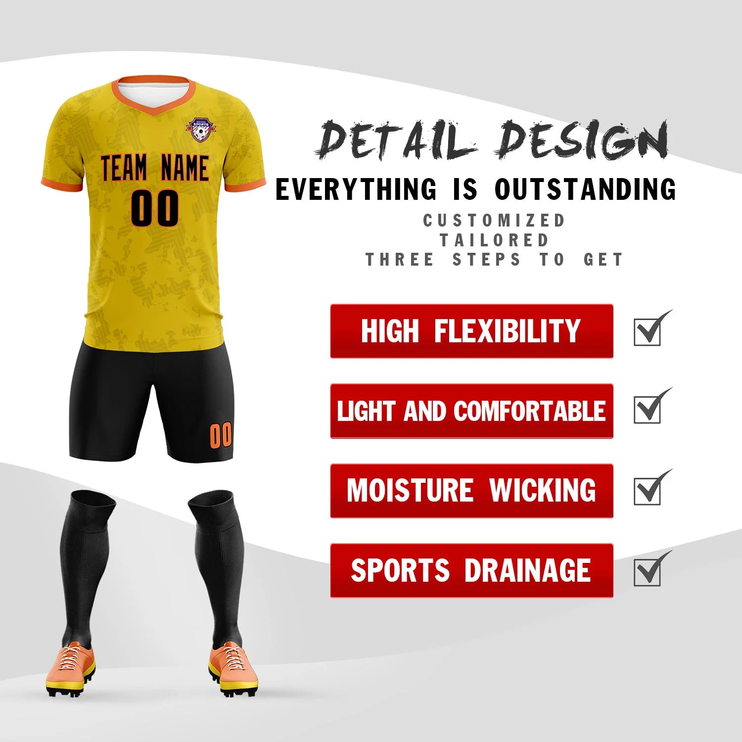 Custom Yellow-Black Printing Outdoor Breathable Soccer Sets Jersey