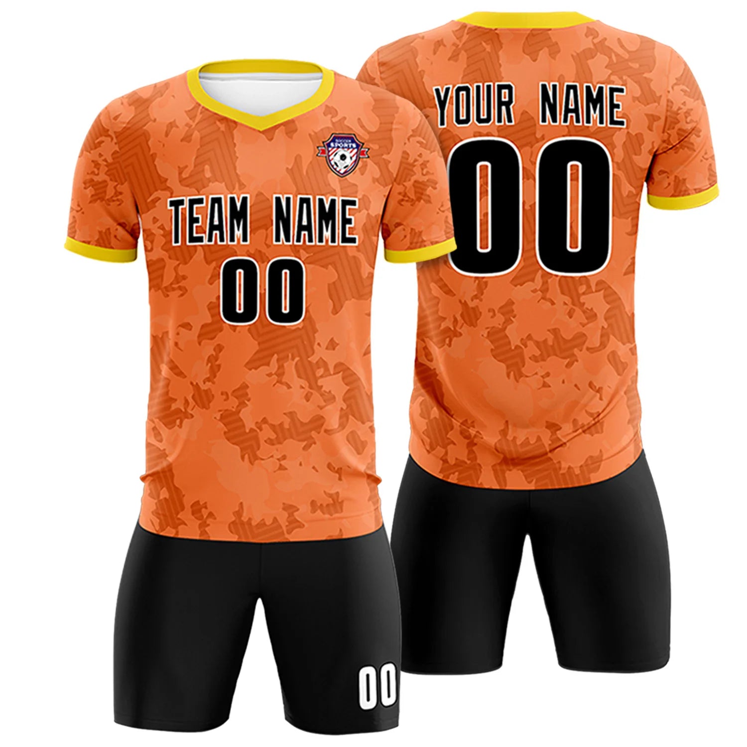 Custom Orange-Black Printing Outdoor Breathable Soccer Sets Jersey