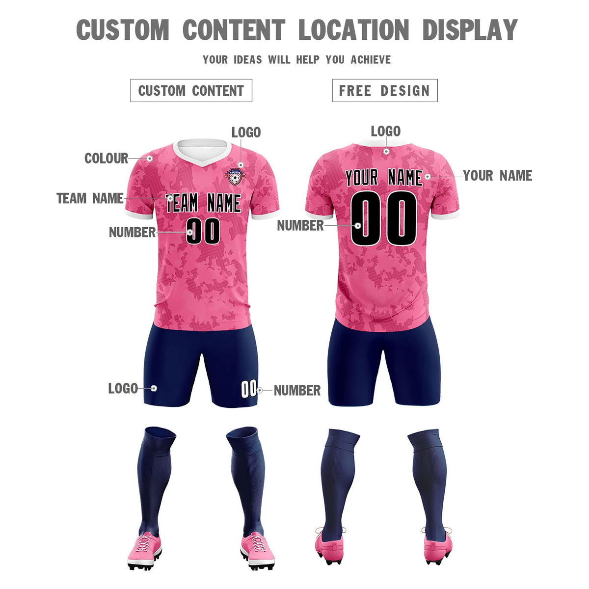 Custom Pink-Navy Printing Outdoor Breathable Soccer Sets Jersey