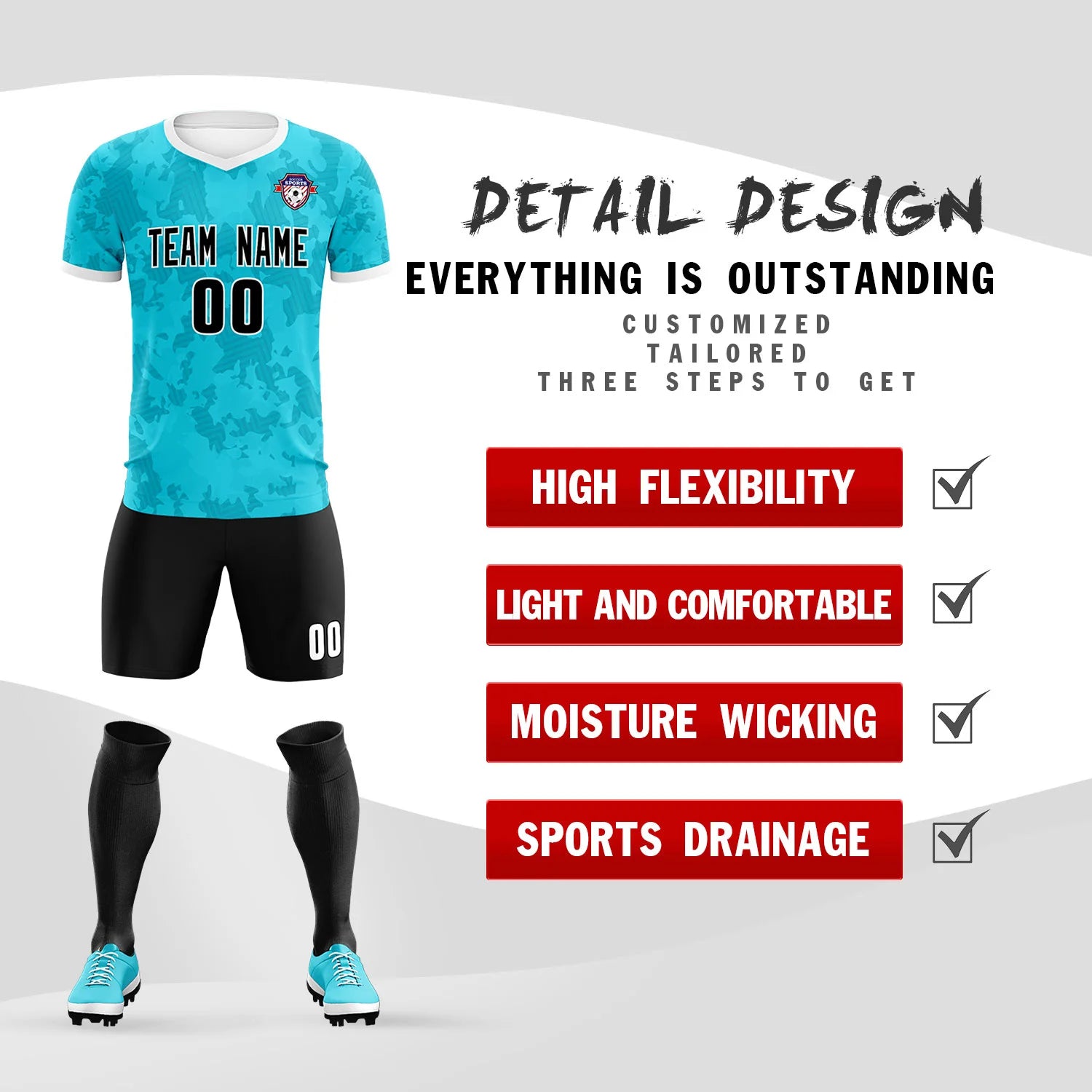 Custom Blue-Black Printing Outdoor Breathable Soccer Sets Jersey