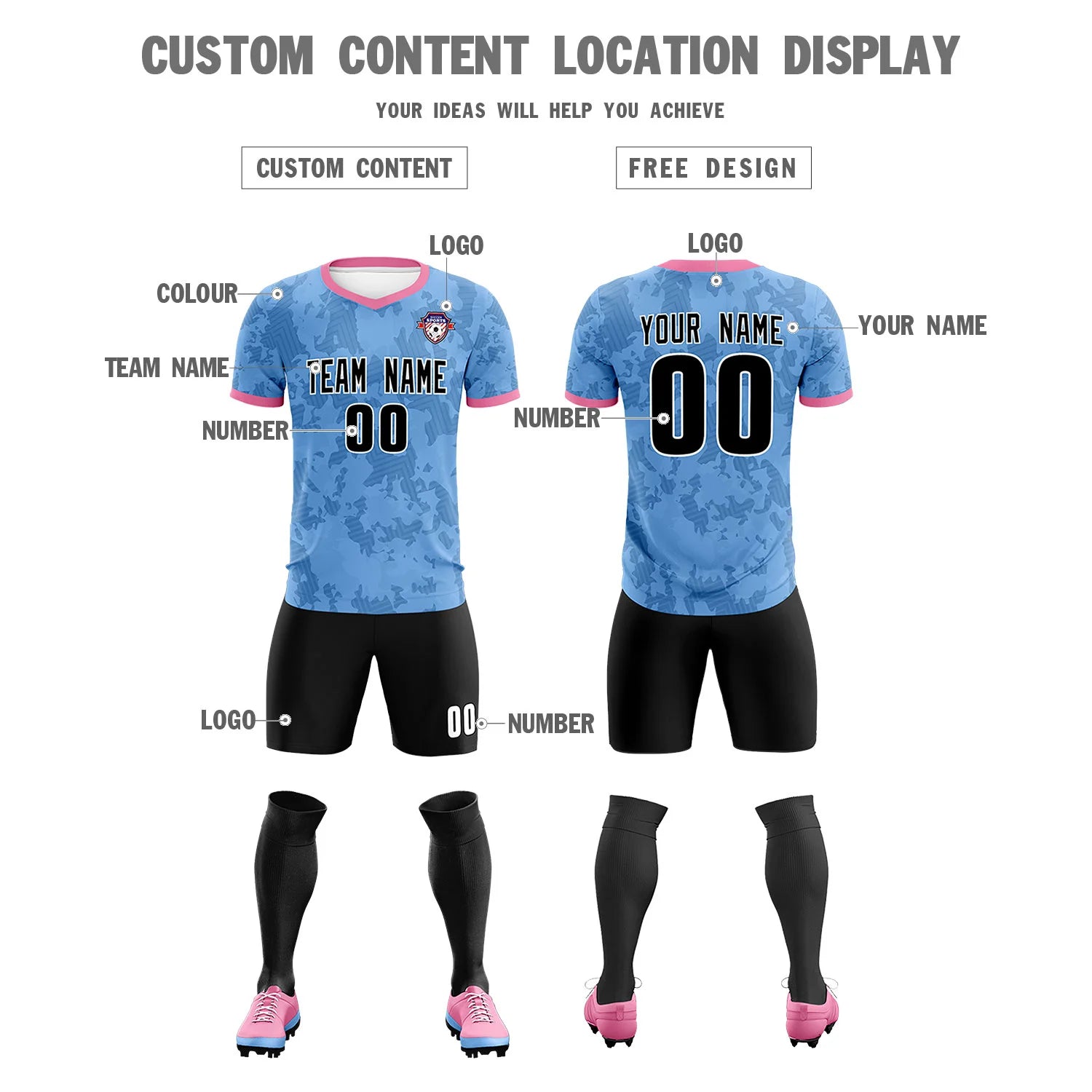 Custom Light Blue-Black Printing Outdoor Breathable Soccer Sets Jersey