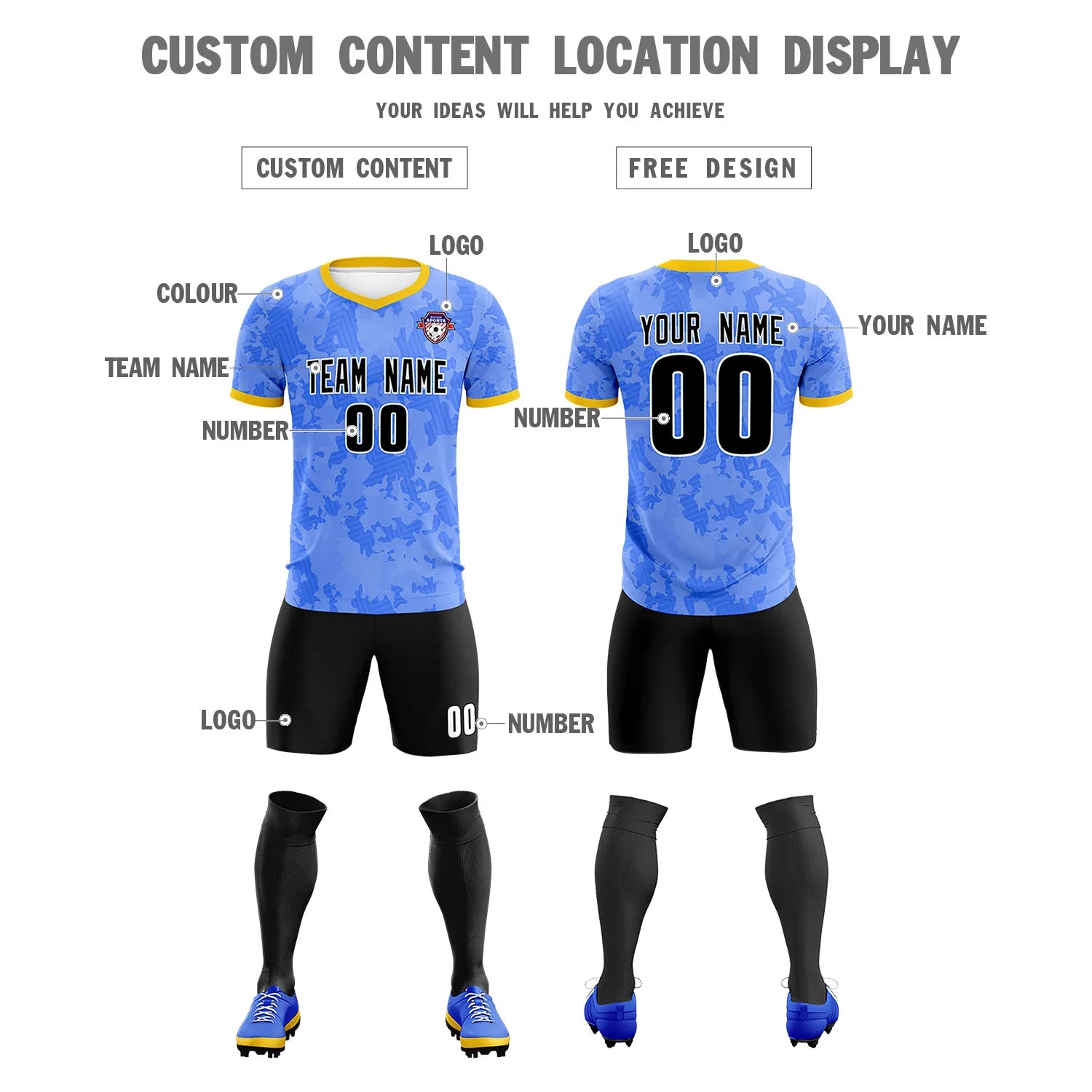 Custom Blue-Black Printing Outdoor Breathable Soccer Sets Jersey